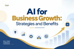 AI for business showing artificial intelligence applications in automation, data analytics, decision-making, and digital transformation